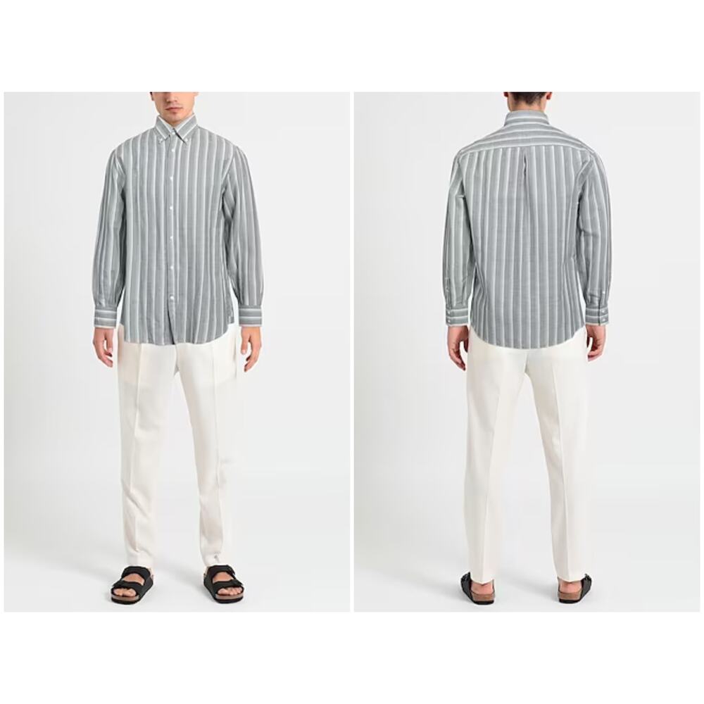 Brunello Cucinelli Men's Linen Button Front Green Stripe Shirt Size Medium NEW